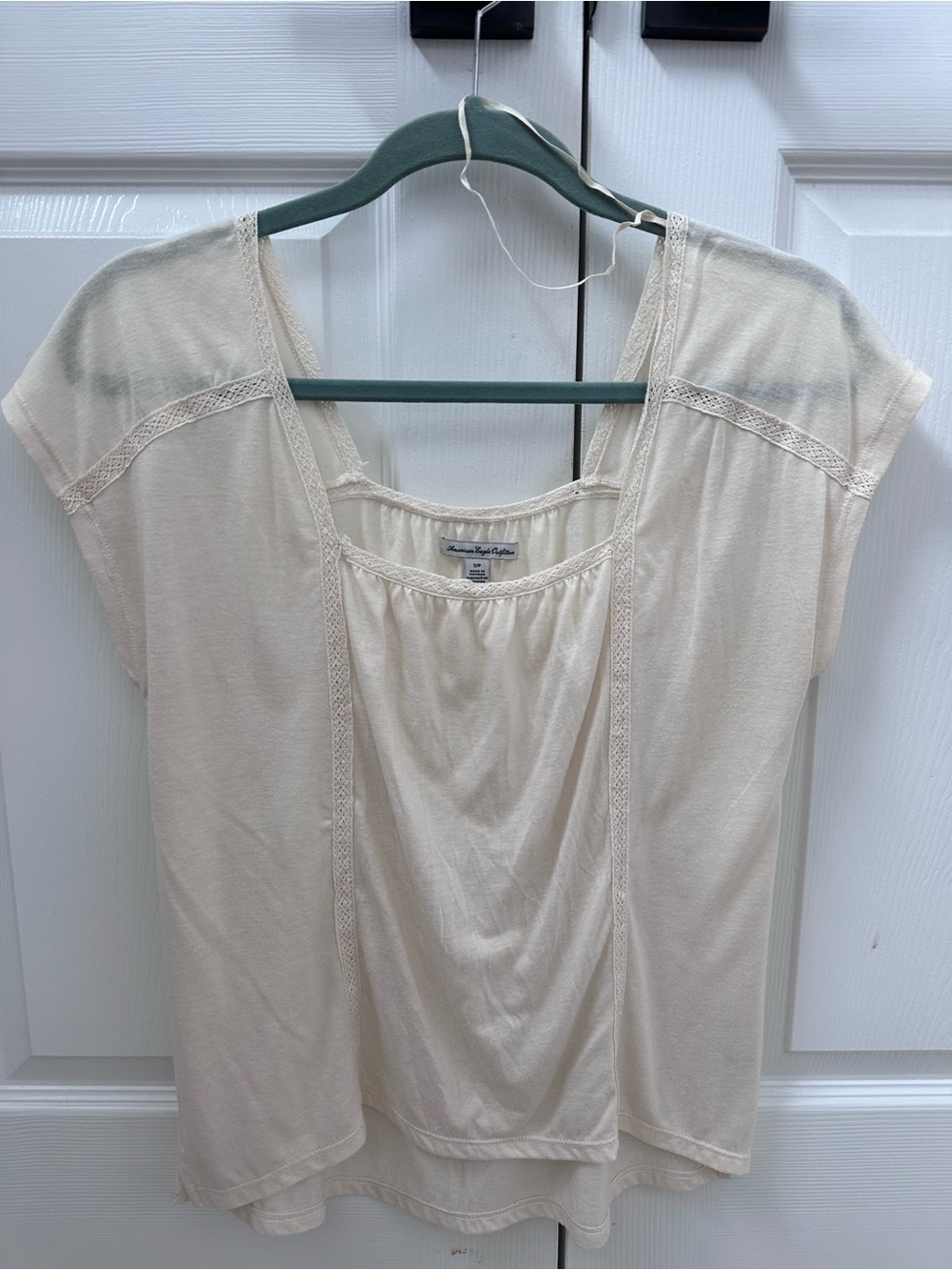 American Eagle Outfitters Cream Lace-Trim Scoop Neck Blouse